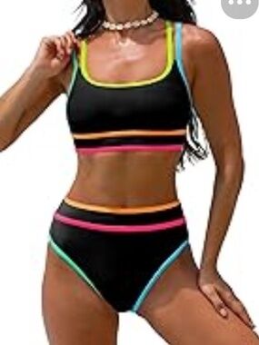 Neon Colorblock High Waisted Women's Popvil Bikini Set Sz S Black Pink Yellow
